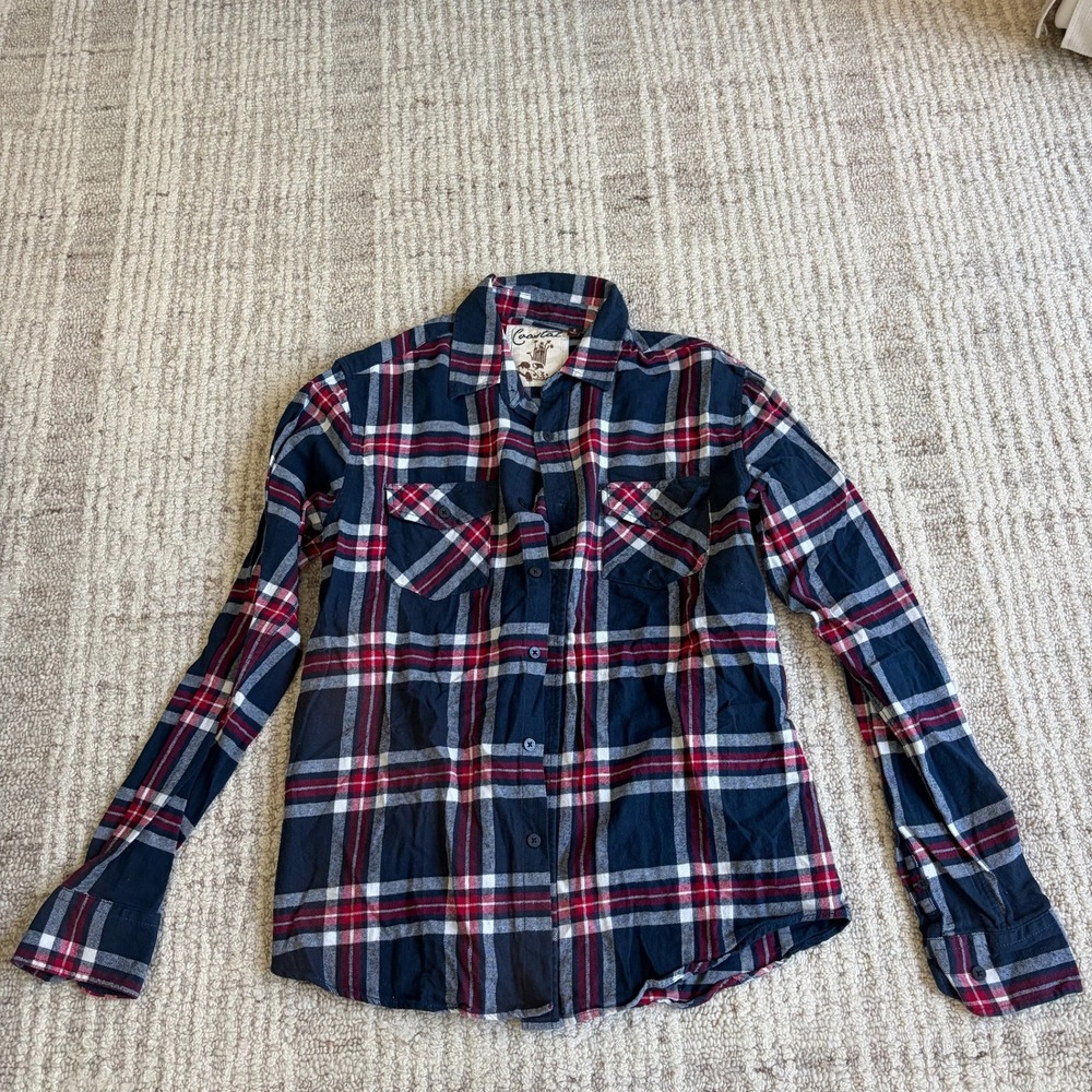Coastal Mens Small Navy Red White Plaid Flannel Button Down Shirt Long Sleeve